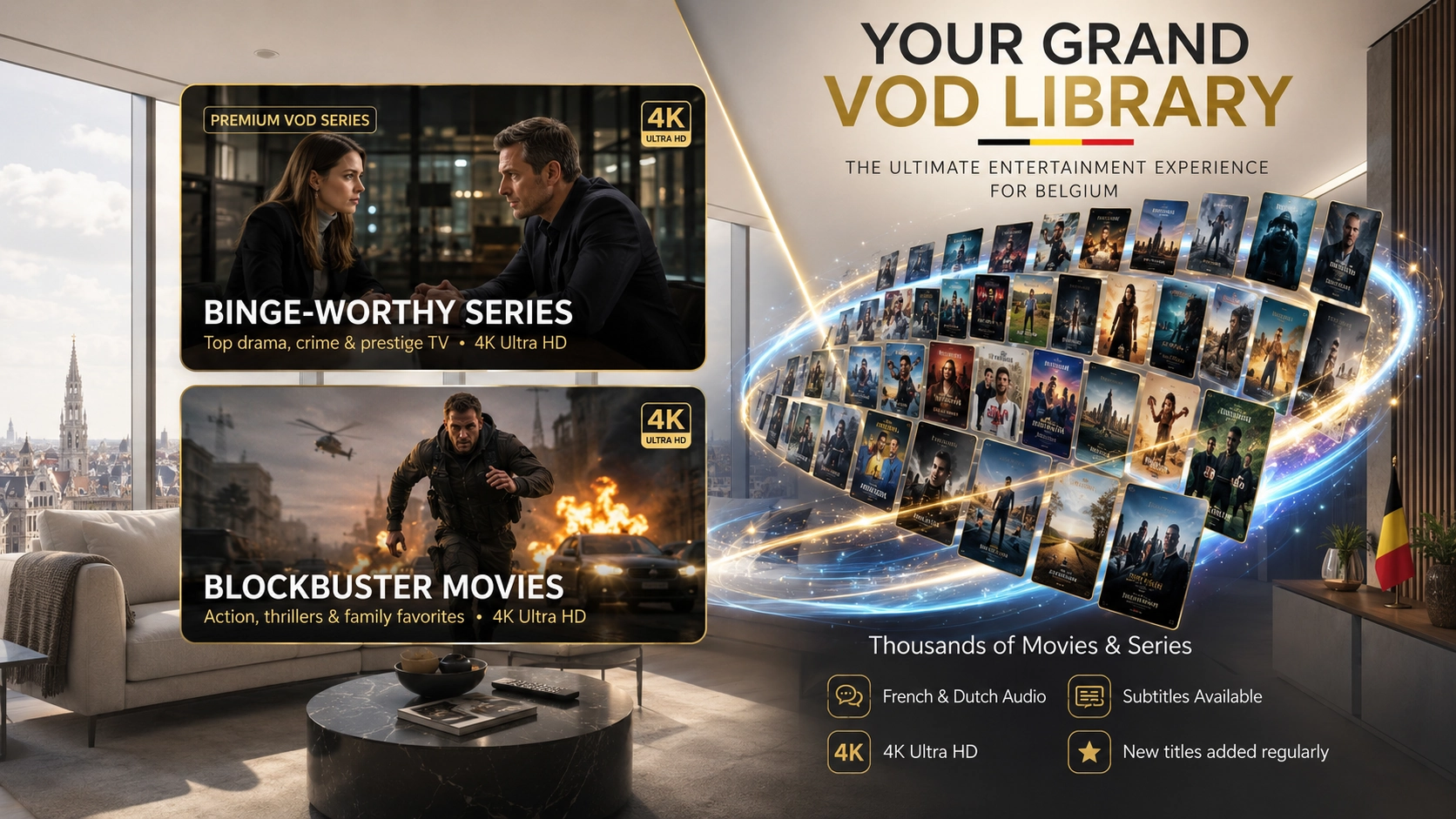 Couple découvrant les chaînes et la VOD IPTV Belgique dans un salon moderne à Bruxelles