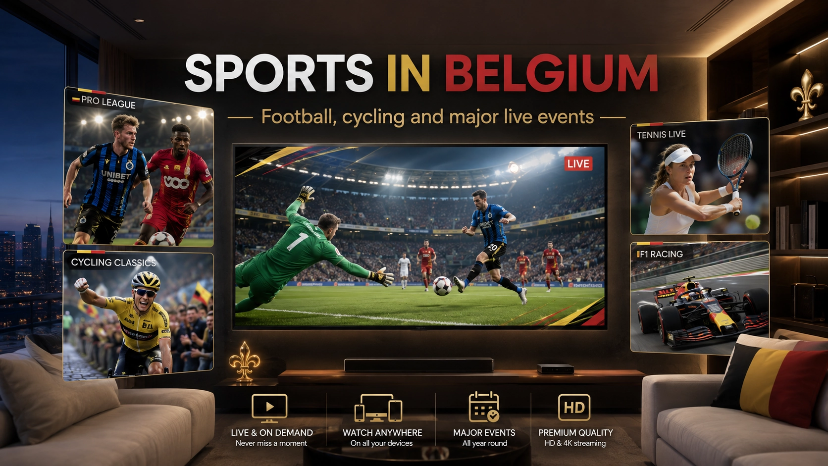 Supporters belges regardant un match de football en direct avec une sélection sportive IPTV Belgique