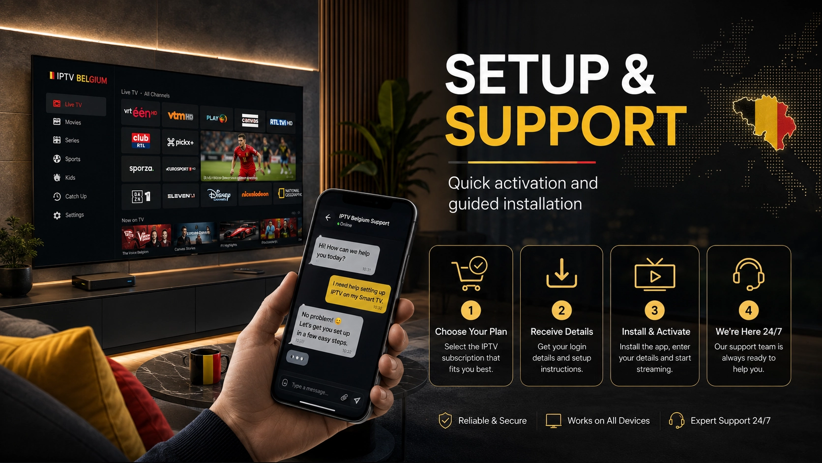 Client en Belgique recevant une assistance guidée pour configurer IPTV sur sa télévision